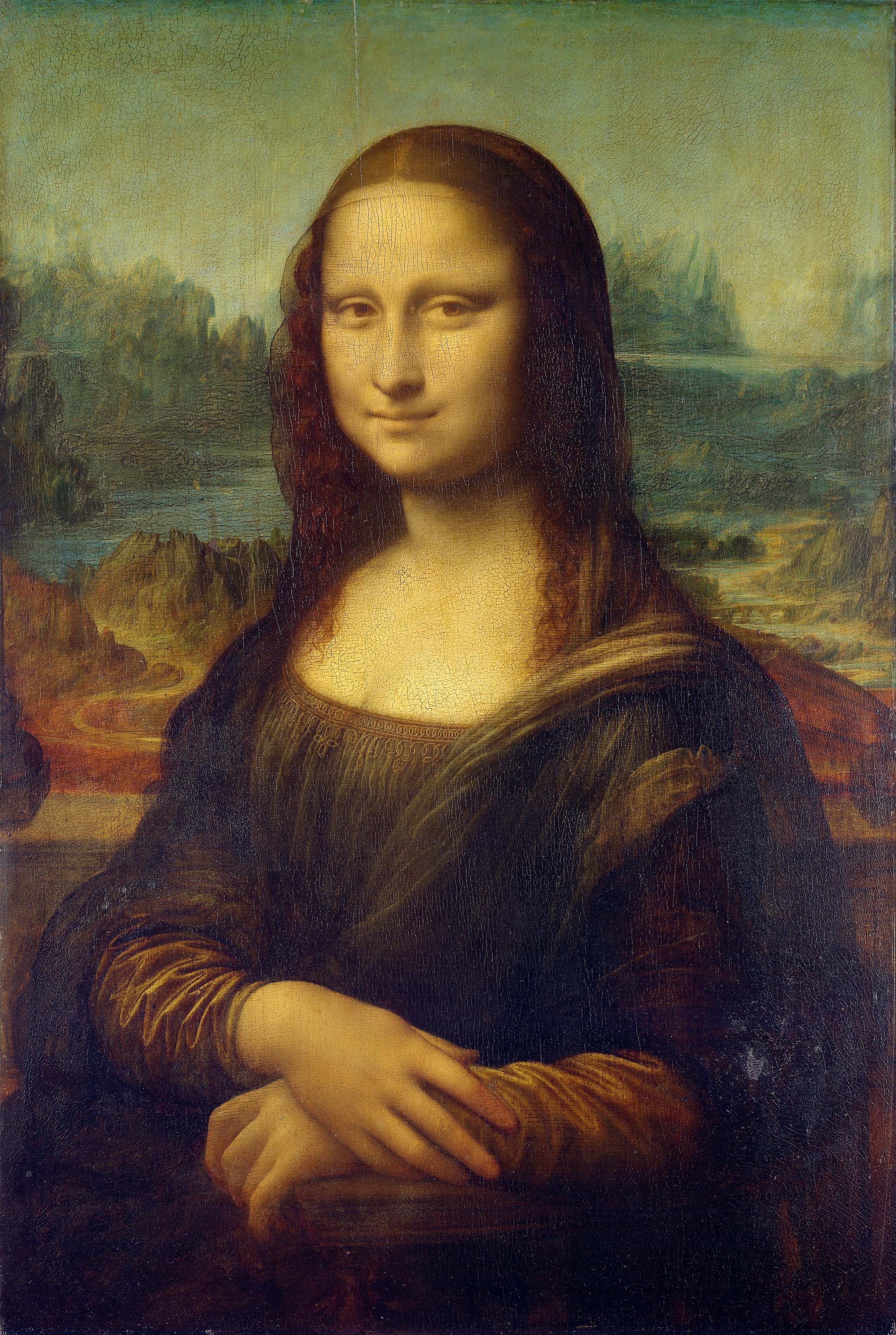 Leonardo da Vinci’s Mona Lisa, her folded hands and enigmatic smile before a misty landscape