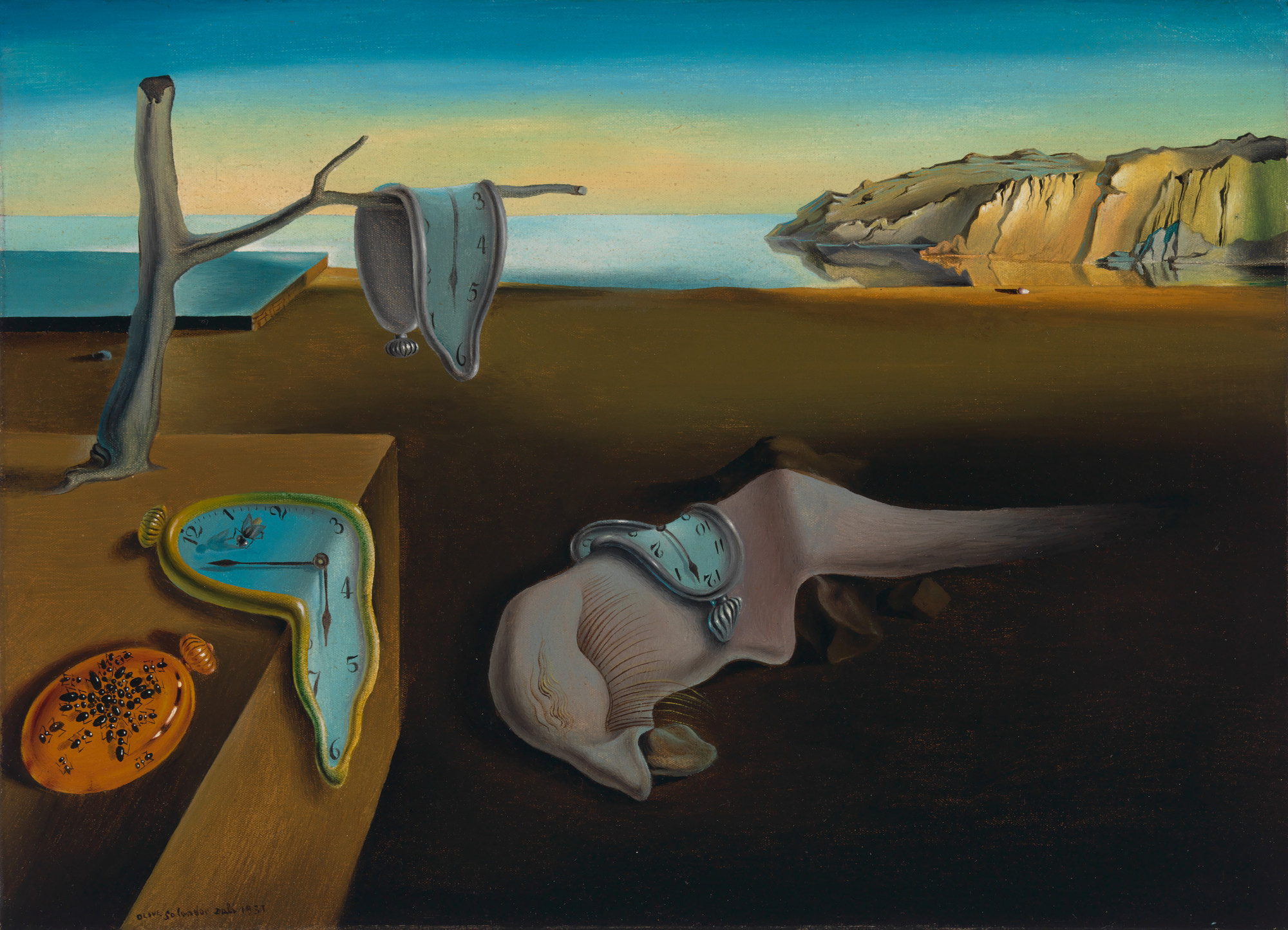 Salvador Dalí’s melting watches draped over a bare tree, a ledge and a sleeping figure beside the sea