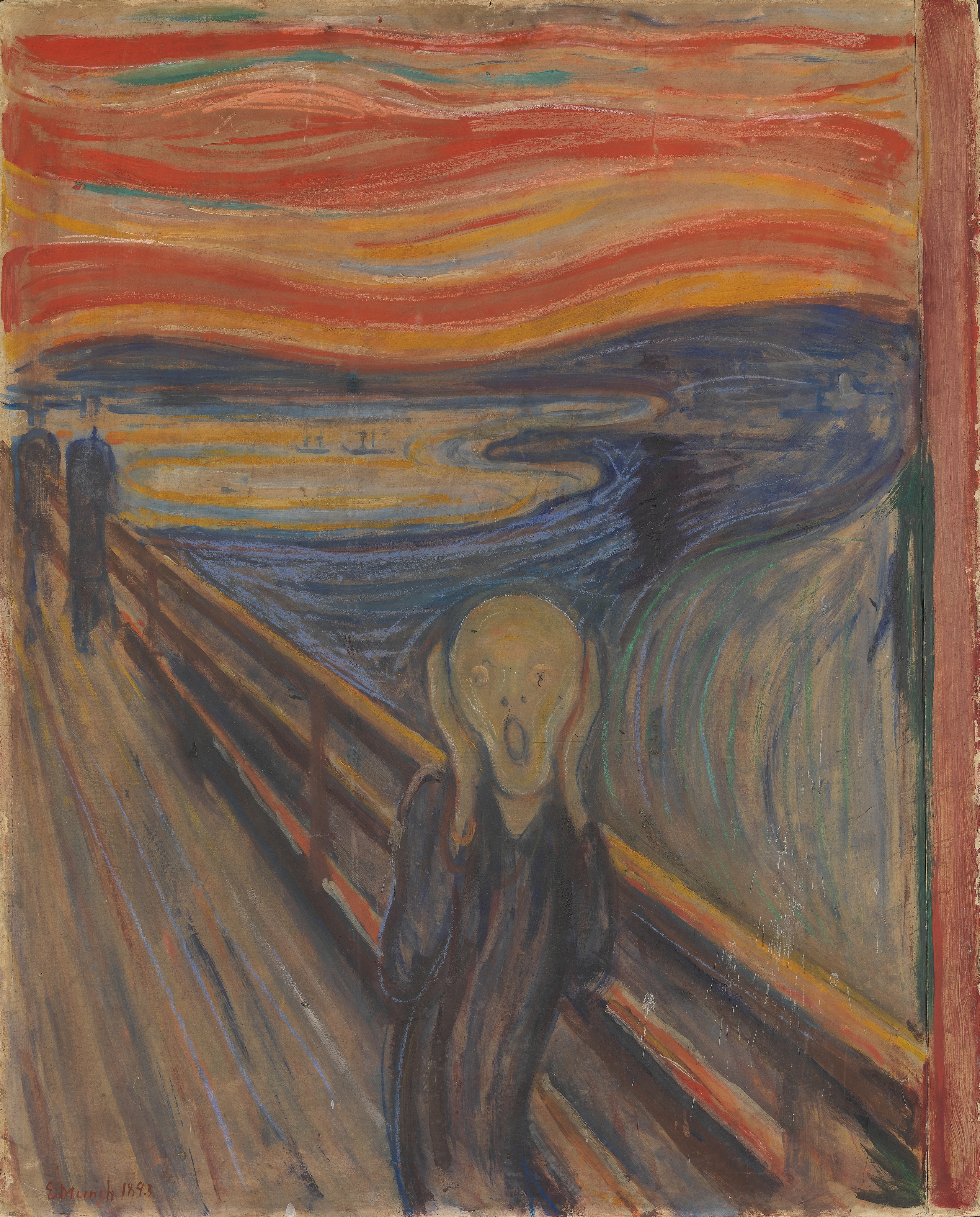 Edvard Munch’s figure on a diagonal promenade beneath a red, rippling sky